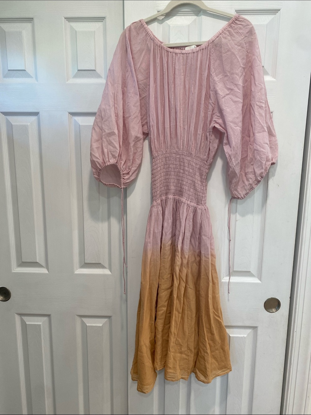 Skin Pink to Tan Ombre Puff-Sleeve Maxi Dress